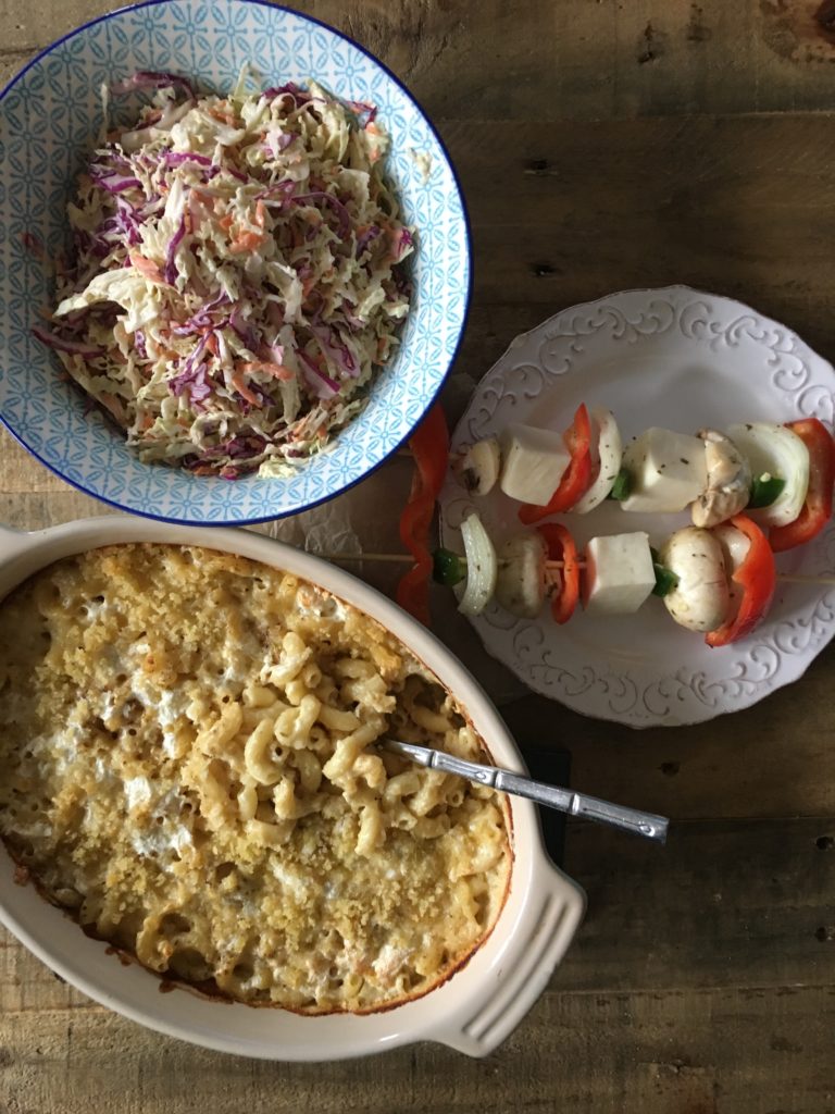 Mac 'n' cheese, coleslaw, veggie kebabs