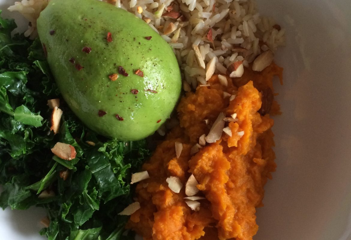 Warming Vegan Bowl with Turmeric Sweet Potato and Garlic Lemon Kale