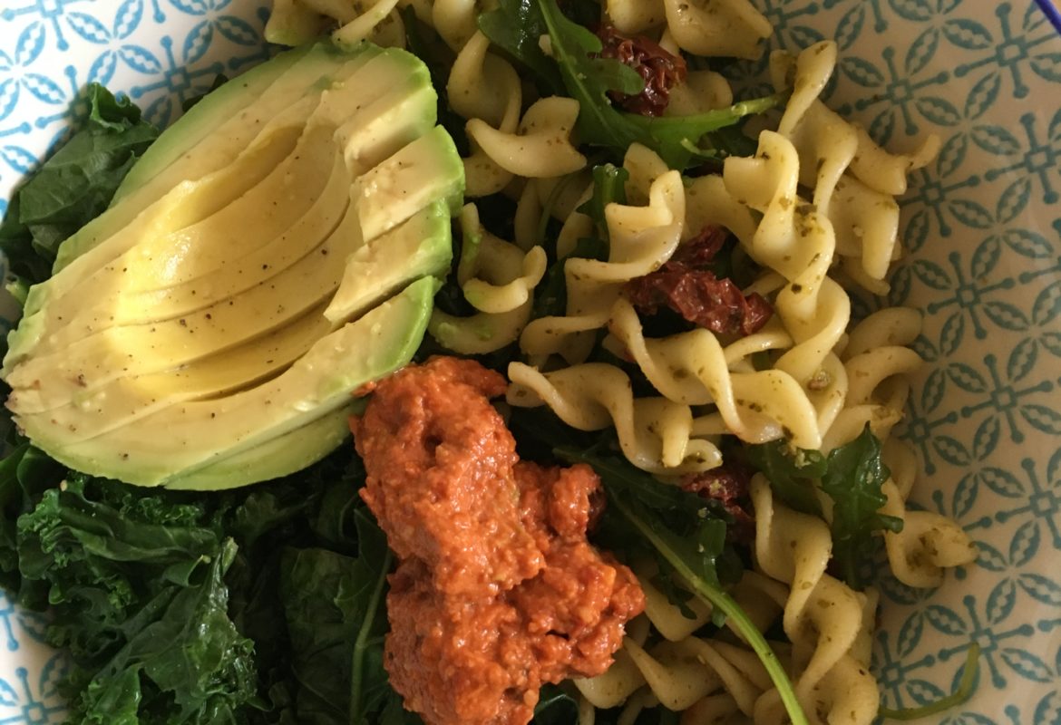 Pesto Pasta Bowl with Sundried Tomato Almond Sauce