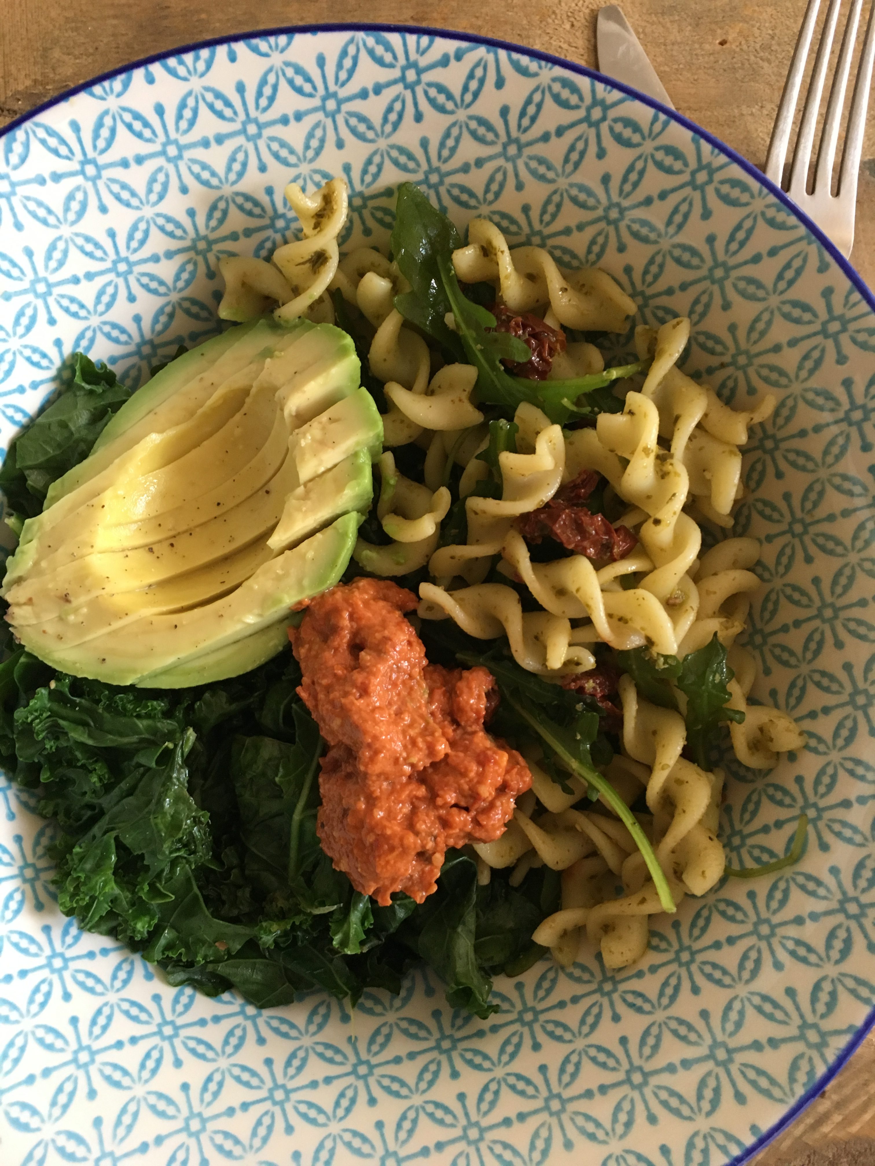 Pesto Pasta Bowl with Sundried Tomato Almond Sauce