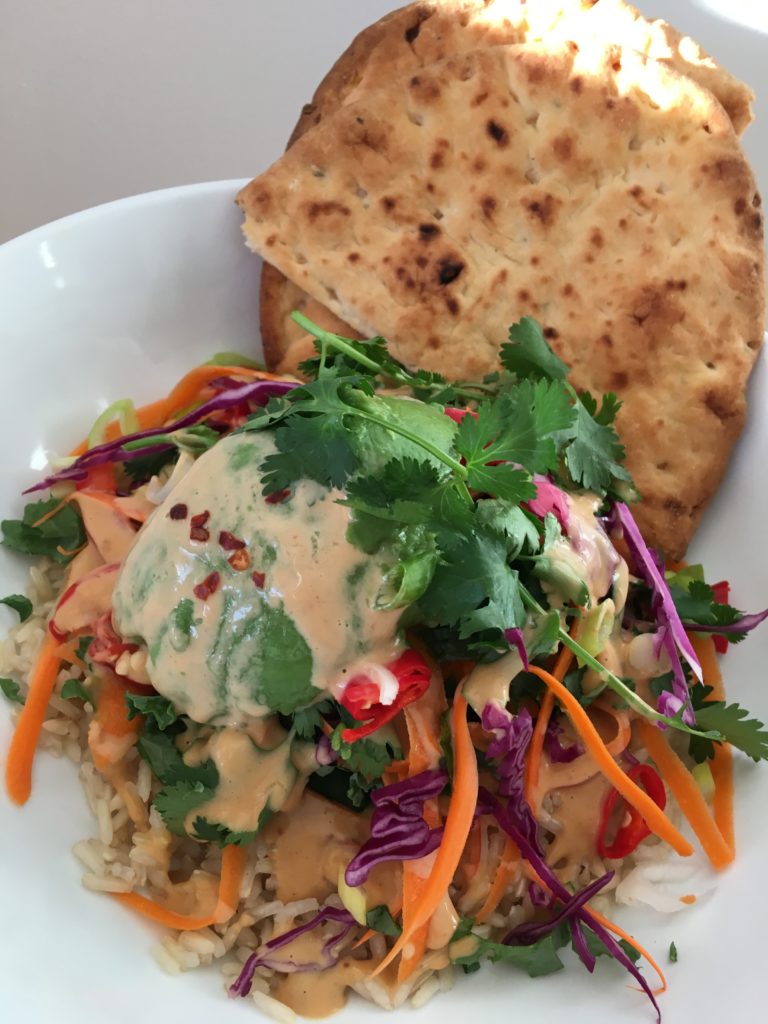 Veggie Bowl with Peanut Coconut Dressing and Garlic Bread