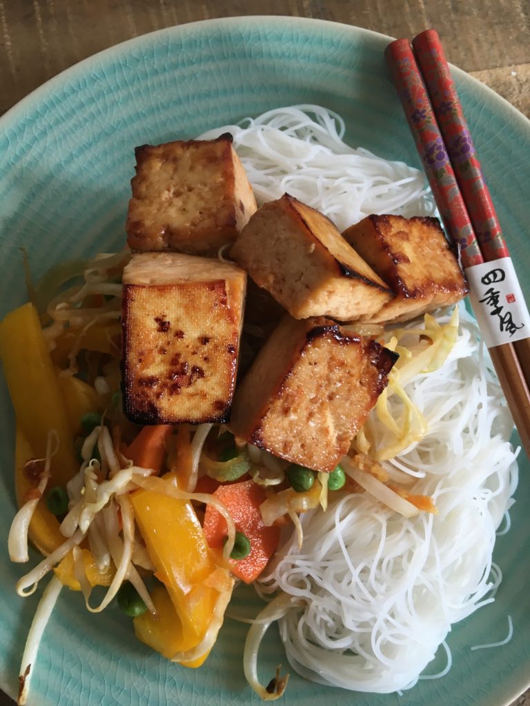 Honey Lime Oven Baked Tofu Marinade with Noodles and Vegetables